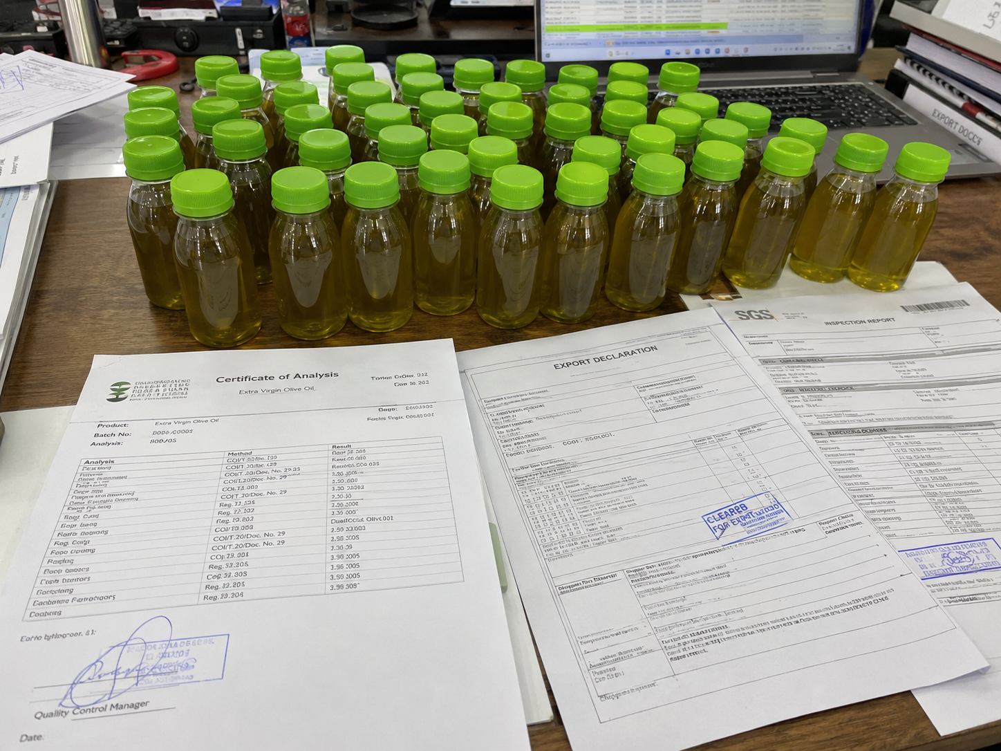 Olive oil samples with compliance and export documents